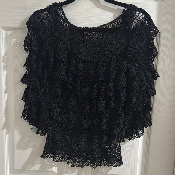 ANIA A Tops - Black Crochet Ruffle Top
